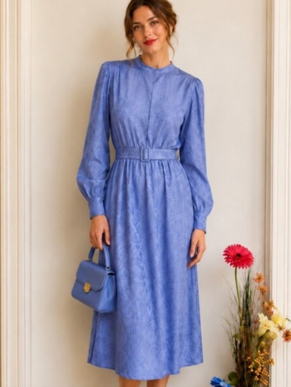 Vintage Periwinkle Blue 90's Silk Belted Dress with Cuffed Sleeves & Side Slit - Picture 12 of 12
